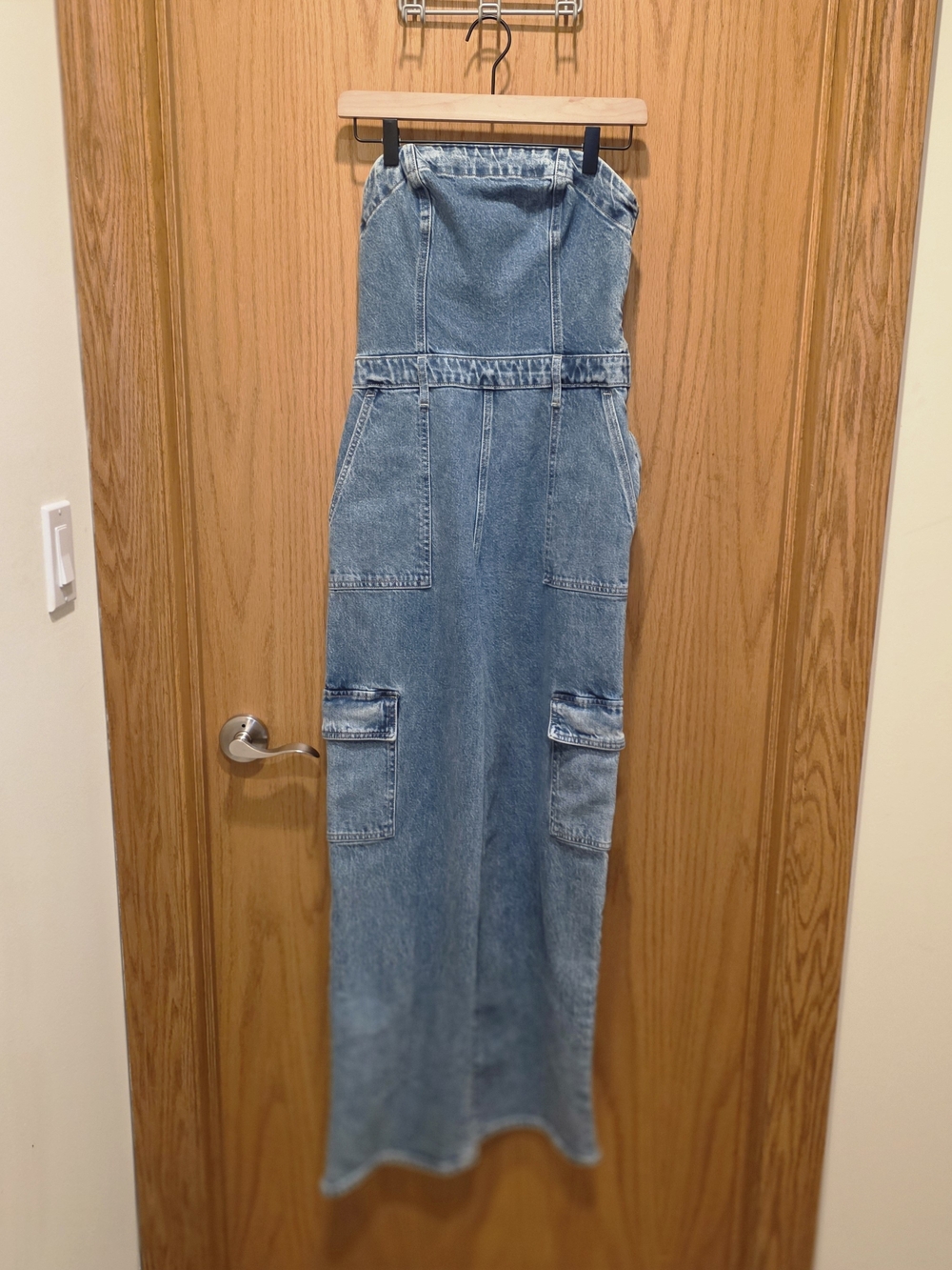 Express Light Blue Denim Strapless Cargo Jumpsuit